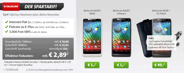 Talk Easy Netzintern mit Motorola RAZR i und 145 € Gewinn
