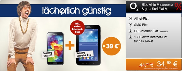 o2 Blue All-in M mit 1 GB Datenflat und Samsung Galaxy S5 + Galaxy Tab 3 (7.0) 3G