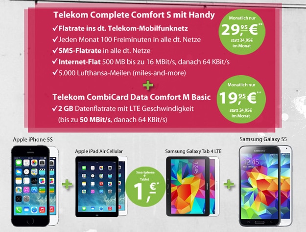 Telekom Complete Comfort S mit CombiCard und iPhone 5s + iPad Air u.a.