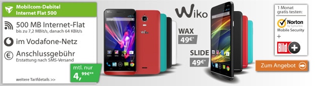 md Internet Flat 500 mit Wiko Wax und Slide