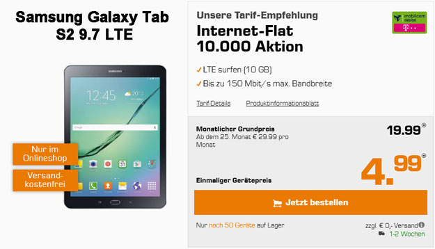 Samsung Galaxy Tab S2 9.7 LTE mit Internet-Flat 10 000 md im Telekom-Netz