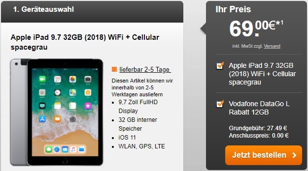 Apple iPad 9.7 (2018) LTE + Vodafone Data Go L bei HandyFlash