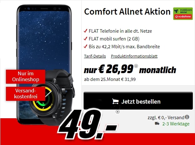 Samsung Galaxy S8 + Samsung Gear Sports + Vodafone Comfort Allnet (md) bei MediaMarkt