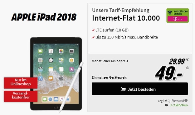 Apple iPad (2018) LTE 128GB + mobilcom-debitel Internetflat 10.000 im Telekom-Netz bei MediaMarkt