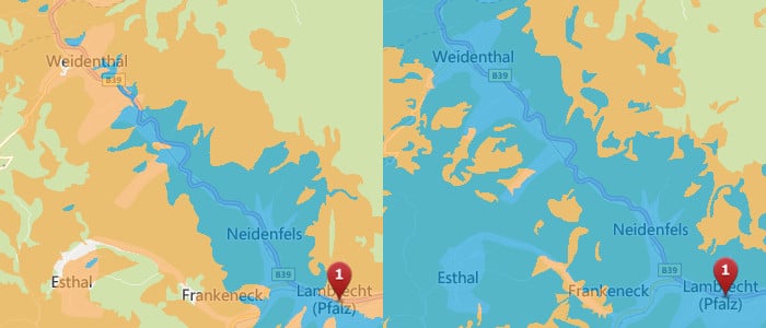 o2-Netz Ausbau-Beispiel, links 4G, rechts 2G
