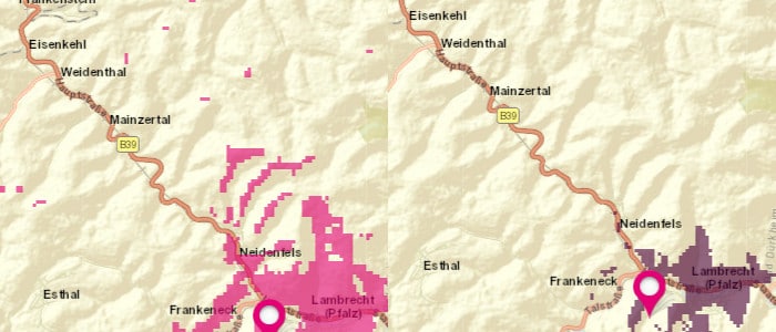 3G- und 5G-Versorgung im Telekom-Netz, Beispielregion, Stand September 2020