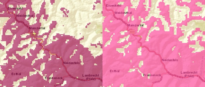 Telekom-Netz Ausbau-Beispiel, links 4G, rechts 2G