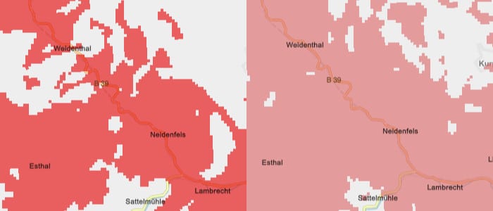 Vodafone-Netz Ausbau-Beispiel, links 4G, rechts 2G