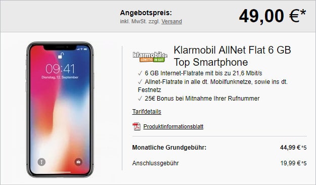 Apple iPhone X 64GB + klarmobil Allnet-Flat 6000 bei LogiTel