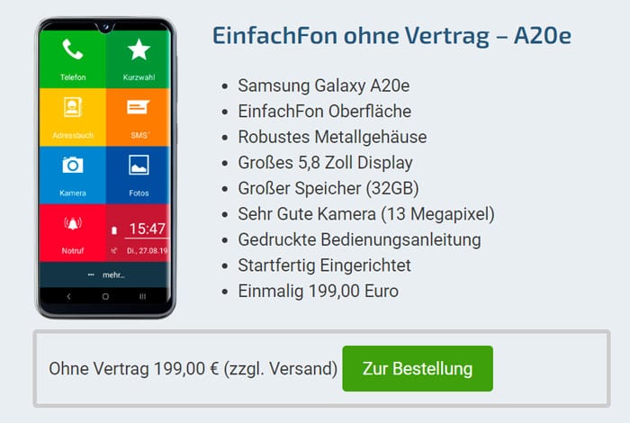 EinfachFon und Samsung Galaxy A20e ohne Vertrag