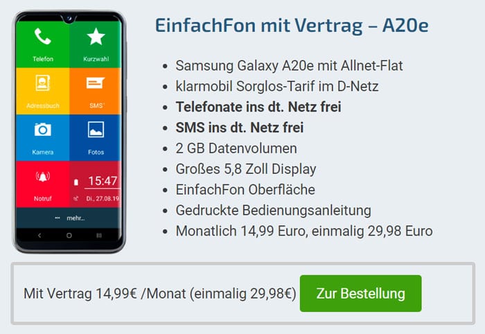 EinfachFon + Samsung Galaxy A20e mit Vertrag