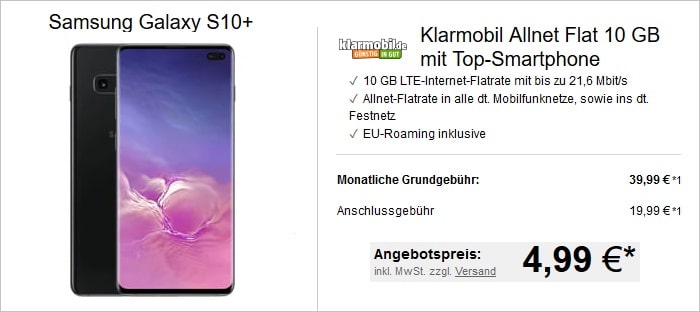 Galaxy S10 Plus + klarmobil Allnet Flat 10 GB bei LogiTel