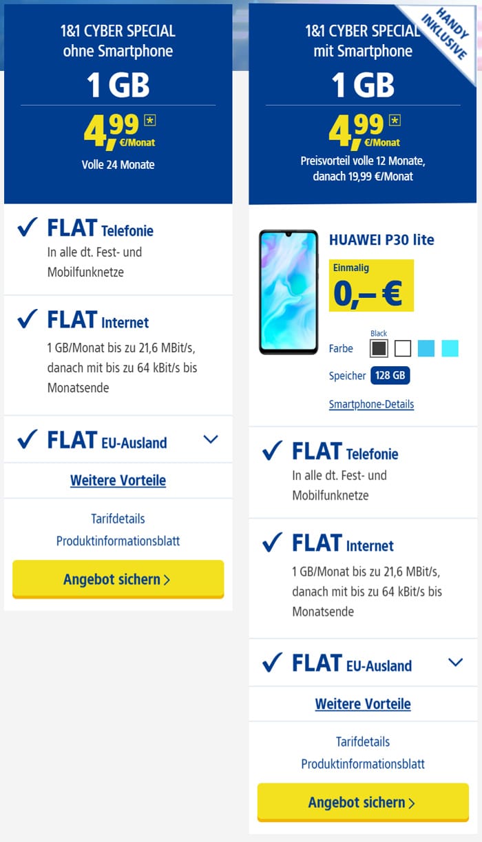 1&1 Cyber Special: Allnet-Flat mit 1 GB LTE & dauerhaft nur 4,99 € mtl. Grundgebühr - auch mit Huawei P30 lite & mehr Daten