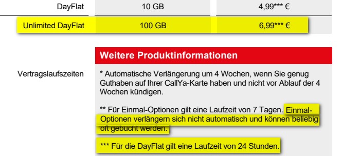 CallYa DayFlat Unlimited mit 100 GB