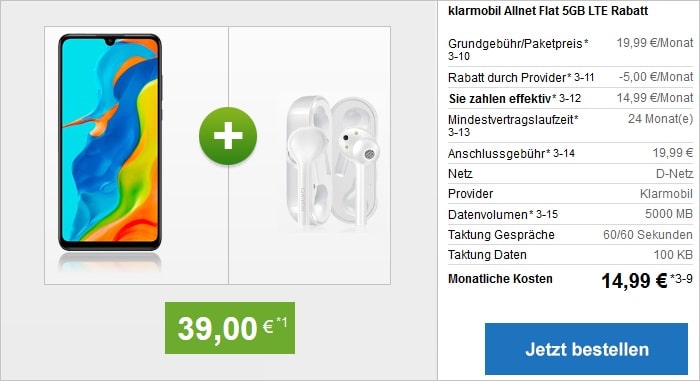 Huawei P30 Lite New Edition mit FreeBuds Lite als Zugabe zur klarmobil Allnet Flat 5 GB im Vodafone-Netz bei modeo