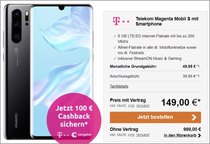 Huawei P30 Pro Telekom Magenta Mobil S für eff. 3,53 € mtl.