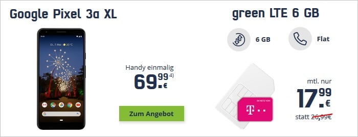 Google Pixel 3a XL mit md green LTE 6 GB im Telekom-Netz bei mobilcom-debitel