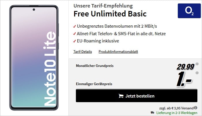 Samsung Galaxy Note 10 Lite mit o2 Free Unlimited Basic bei MediaMarkt