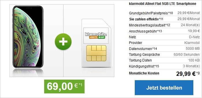 iPhone Xs mit klarmobil Allnet Flat 5 GB LTE bei modeo