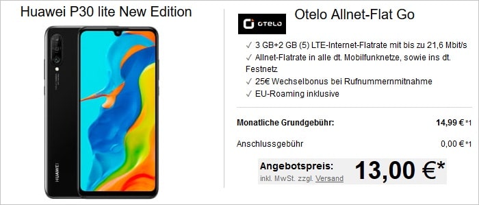 Huawei P30 Lite New Edition zur Otelo Allnet Flat Go bei LogiTel