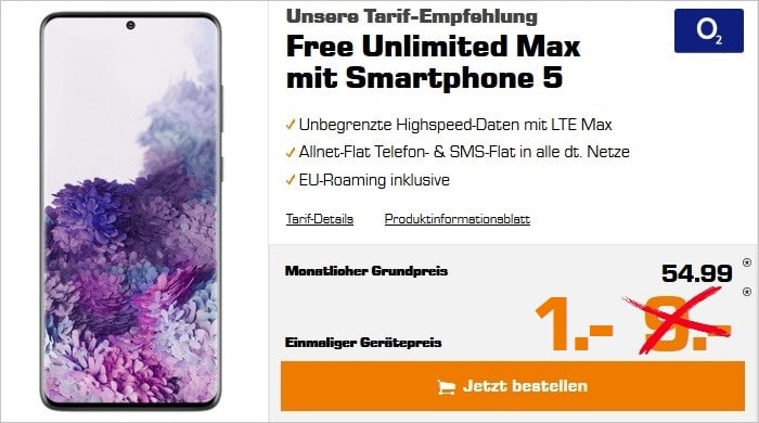 Sasmung Galaxy S20 Plus zum o2 Free Unlimited Max bei Saturn 1 Euro