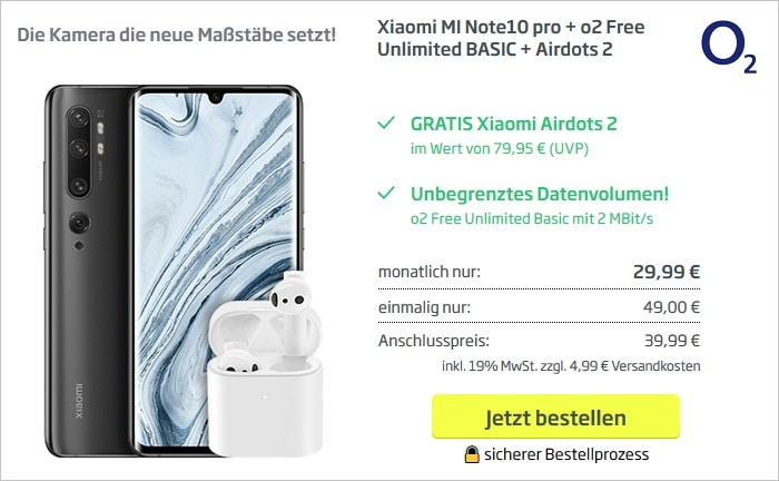 Xiaomi Note 10 Pro mit Xiaomi AirDots 2 zum o2 Free Unlimited Basic bei curved