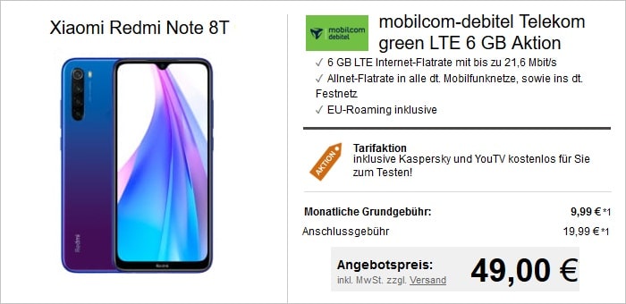 Xiaomi Redmi Note 8T zum green LTE 6 GB im Telekom-Netz bei LogiTel