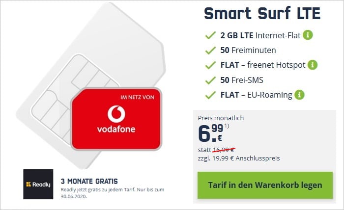 Surf mit LTE Smart nur Kosten freenet 6,99 (Vodafone-Netz) € monatlichen