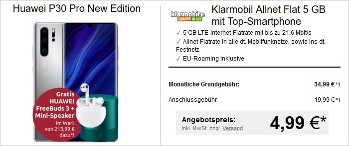 Huawei P30 Pro New Edition mit zwei Zugaben zur klarmobil Allnet Flat im Vodafone-Netz bei LogiTel