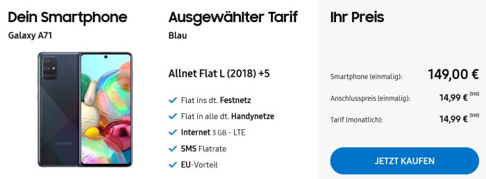 Samsung Galaxy A71 + Blau Allnet L im Samsung Online-Shop