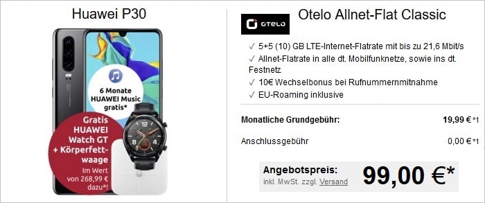 Huawei P30 mit zwei Zugaben und otelo Allnet-Flat Classic bei LogiTel