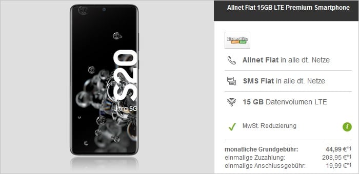 Samsung Galaxy S20 Ultra mit klarmobil Allnet Flat 15 GB LTE bei modeo