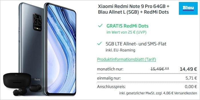 Xiaomi Redmi Note 9 Pro mit Zugabe zum Blau Allnet L 5 GB bei Curved