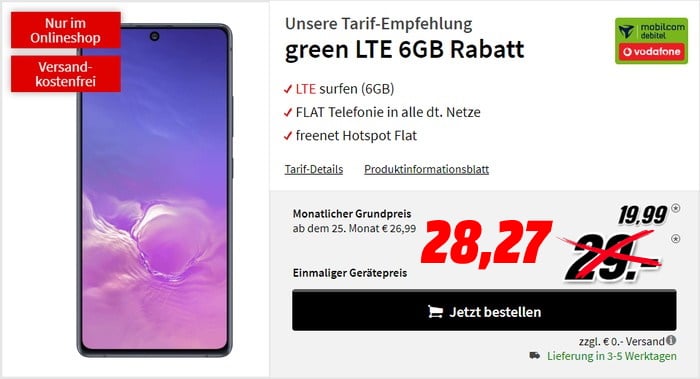 Samsung Galaxy S10 Lite + mobilcom-debitel green LTE (Vodafone-Netz) bei MediaMarkt