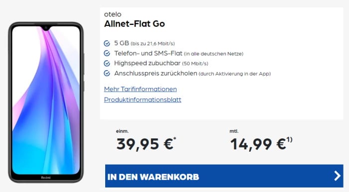 Xiaomi Redmi Note 8T mit otelo Allnet-Flat Go