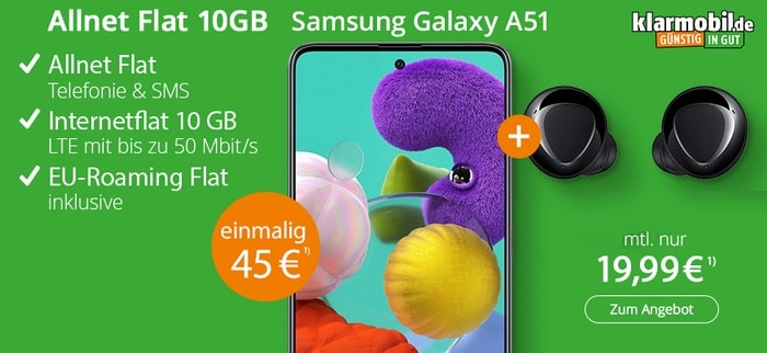 Samsung Galaxy A51 + Galaxy Buds Plus zur klarmobil Allnet Flat 10 GB LTE im Vodafone-Netz bei modeo
