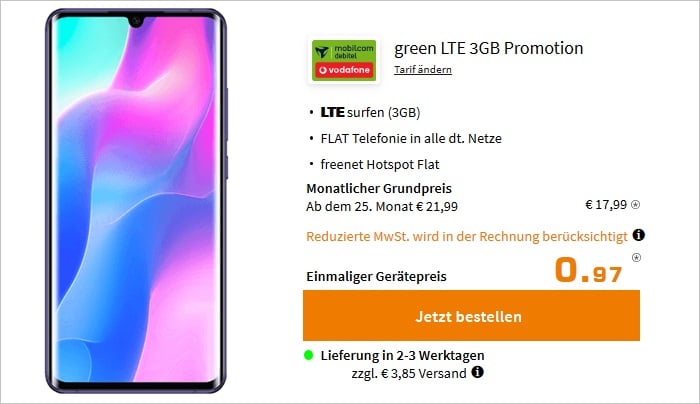 Xiaomi Mi Note 10 Lite mit md green LTE 3 GB im Vodafone-Netz bei Saturn