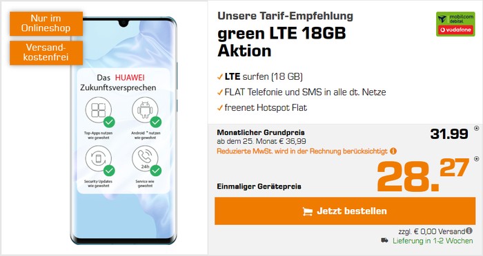 Huawei P30 Pro + mobilcom-debitel green LTE (Vodafone-Netz) bei Saturn