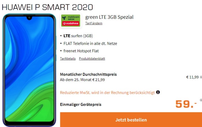 Huawei P Smart 2020 mit green LTE im Vodafone-Netz