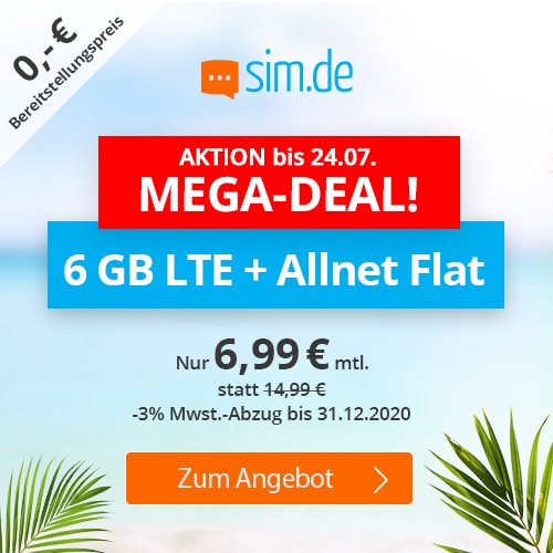 sim.de LTE All mit 6 GB LTE nur 6,99 € mtl.