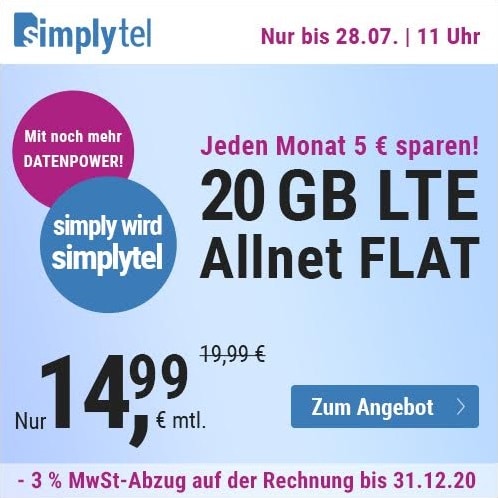 simplytel LTE Allnet-Flat mit 20 GB LTE nur 14,99 € mtl. - flexibel kündbar!