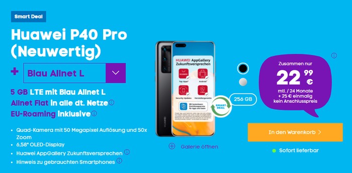 Huawei P40 Pro als neuwertige B-Ware mit Blau Allnet L bei Blau