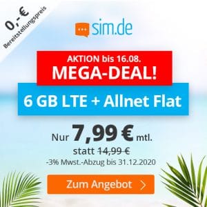 sim.de LTE All 6 GB Aktion August 2020 Thumbnail