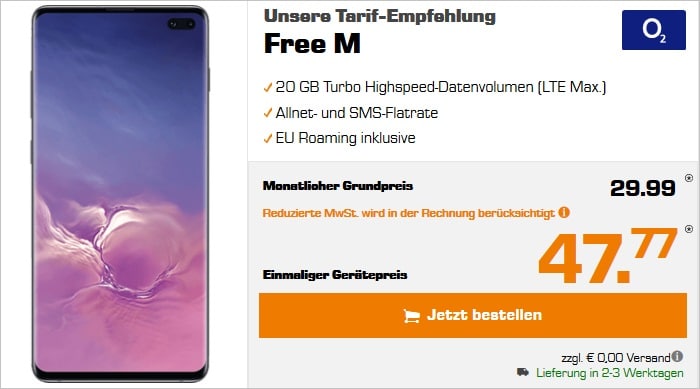 Samsung Galaxy S10 Plus mit o2 Free M und 20 GB LTE bei Saturn