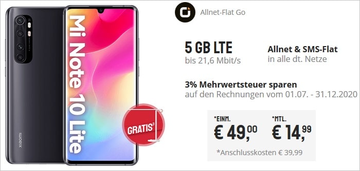 Xiaomi Note 10 Lite mit LED Lampe mit otelo Allnet-Flat Go bei Sparhandy