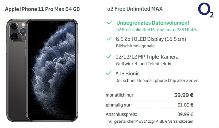 Apple iPhone 11 Pro Max mit o2 Free Unlimited Max bei Curved