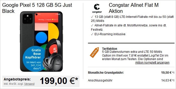 Pixel 5 und Bose QC 35 II Kopfhörer zum congstar Allnet Flat M Aktion bei LogiTel