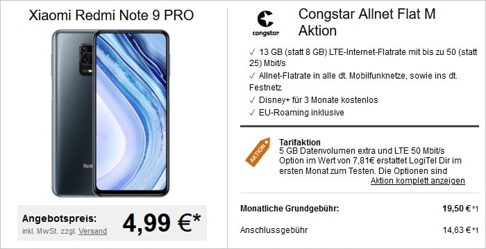 Xiaomi Redmi Note 9 Pro mit Congstar Allnet Flat M bei LogiTel