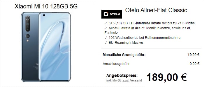 Xiaomi Mi 10 mit otelo Allnet-Flat Classic und 10 GB LTE im Vodafone-Netz bei LogiTel