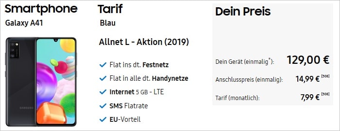 Samsung Galaxy A41 mit Blau Allnet L 5 GB LTE im Samsung Shop